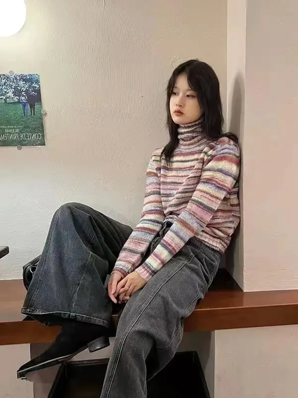 Korobov French High Collar Sweater Rainbow Stripe Pullovers Age Reduction Vintage O Neck Knitwears Korean Fashion Sueter Mujer