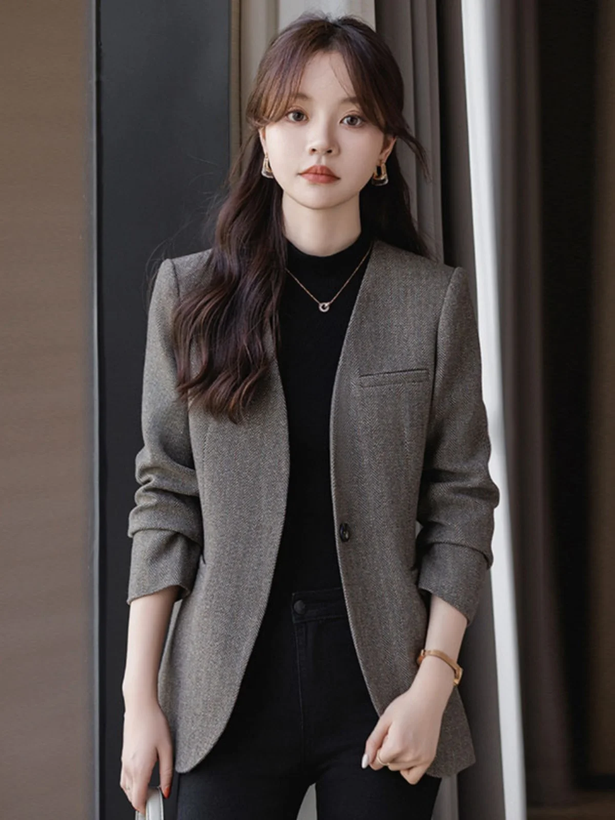 

Slimming Fit Commute Sle One Button Suit Jaet Spring 2024 V Ne Long Sve Color High End Feelings No Collar