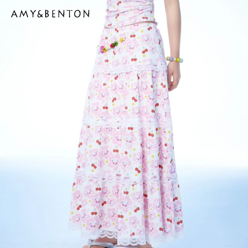 

2025 Summer New Fruit Star Animal Print Women's Long Skirt Japanese Design Sweet Cute Lace Splicing A-line Layered Skirts Ladies