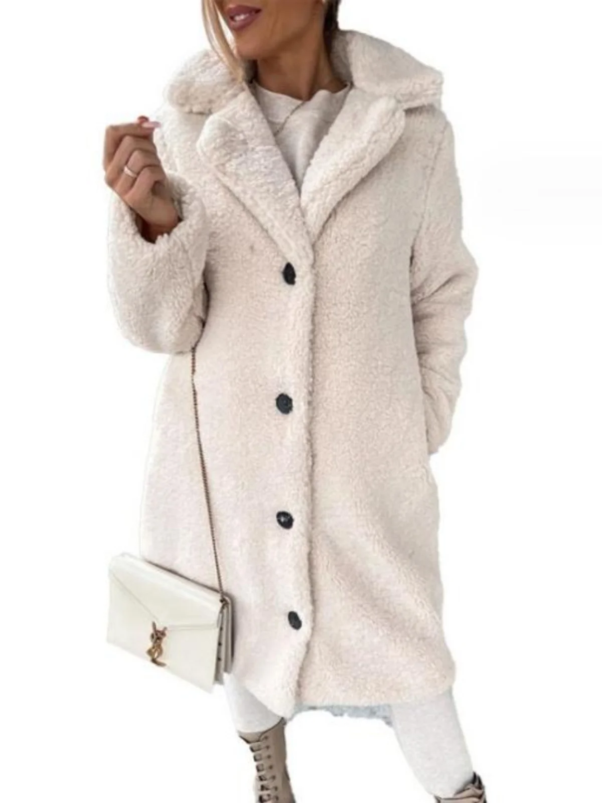 เสื้อโค้ทสีพื้นแบบมีปก แขนยาวปานกลาง ผ้าฟู สวมใส่สบาย เหมาะสำหรับเดินทาง ทรงหลวม กระดุมปิด