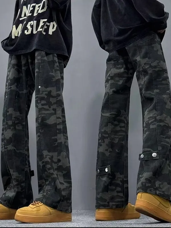 

Американские камуфляжные джинсы High Street для мужчин, зимние, в стиле ретро, с высокой талией, синие, рабочие брюки прямого кроя, размер L