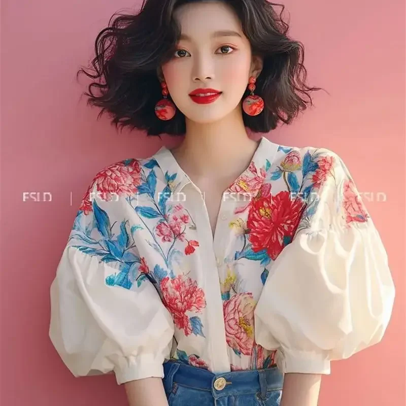 Chemisier à manches bouffantes à imprimé floral pour femmes, chemises d'été élégantes, bouton, mode, grande taille, média, nouveau