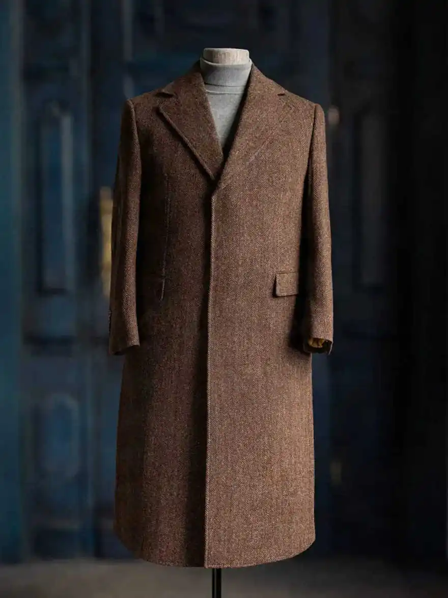 Vintage Men Long Coat Single Breasted Wool Blends Business Blazers Warm Notched Lapel Long Sleeve Overcoat   Customized
