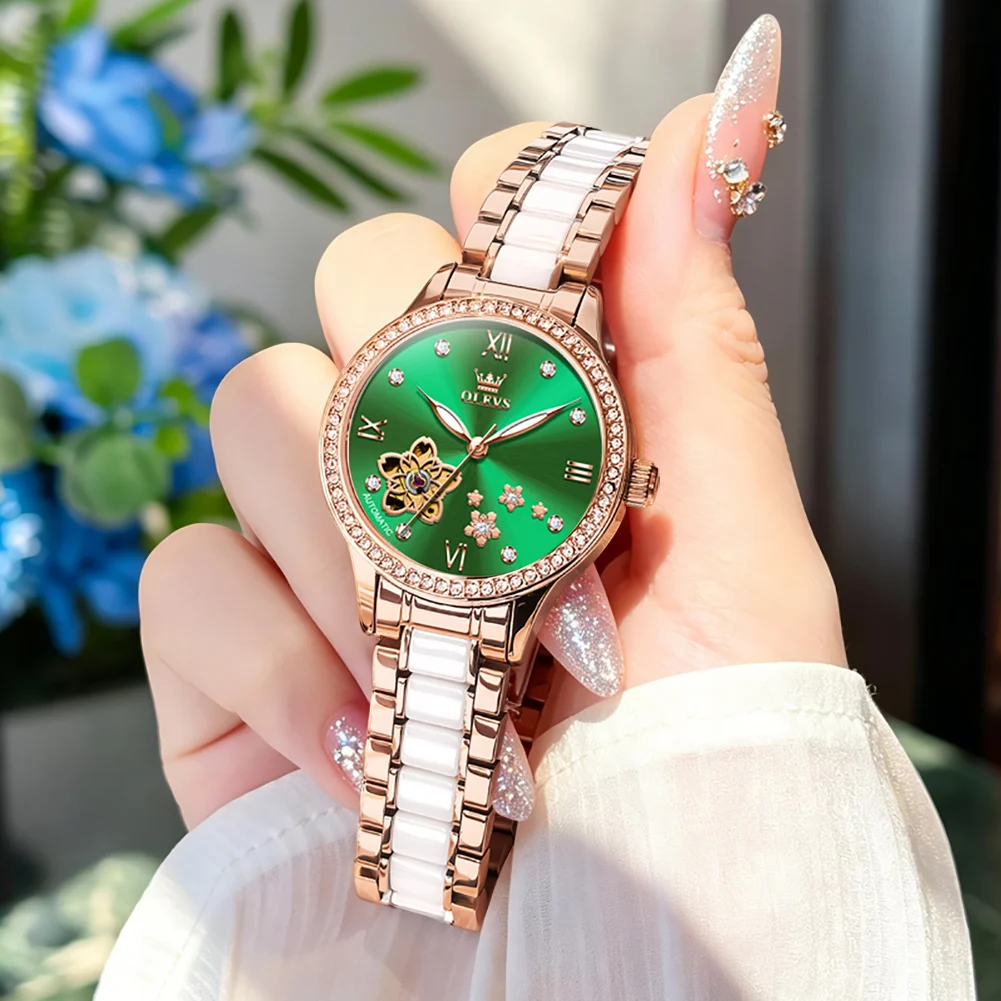OLEVS Ladies Rose Gold Automatic Mechanical Watch Diamond Hollow Floral Dial Ceramic Band Waterproof Luxury Women Wristwatch