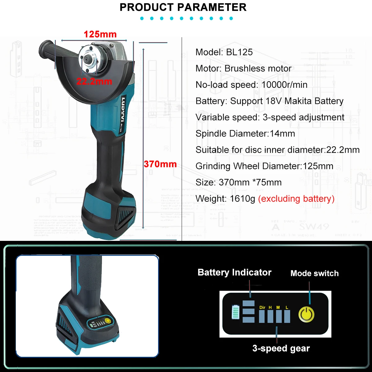 125mm Brushless Angle Grinder 3 Speed Adjustment Cutter Support 18V Makita Battery Cordless Polisher Power Tools