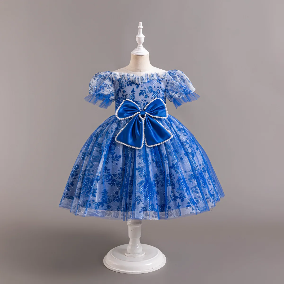 

Girl Off Shoulder Bubble Sleeve Princess Dress Kid Formal Gowns with Exquisite Floral Pattern Tulle Children Puff Dress Elegant