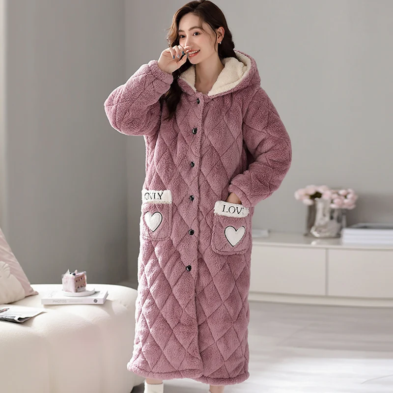 High Quality Robe Thick Warm Women Flannel Robe Winter Nightgowns Comfortable Soft 3 Layer Cotton Bathrobe With Hooded