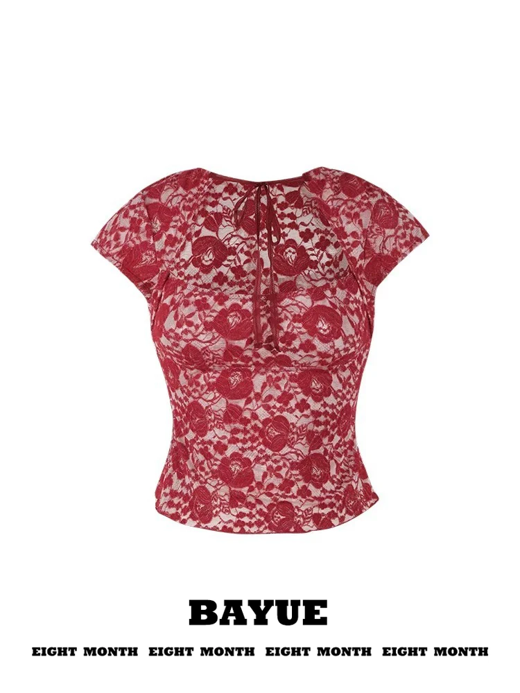 

Red Floral Print Velvet round Neck Short Sleeve T-Shirt Women Summer Slim Fit Sexy Lace Tie Short Top Vintage Style