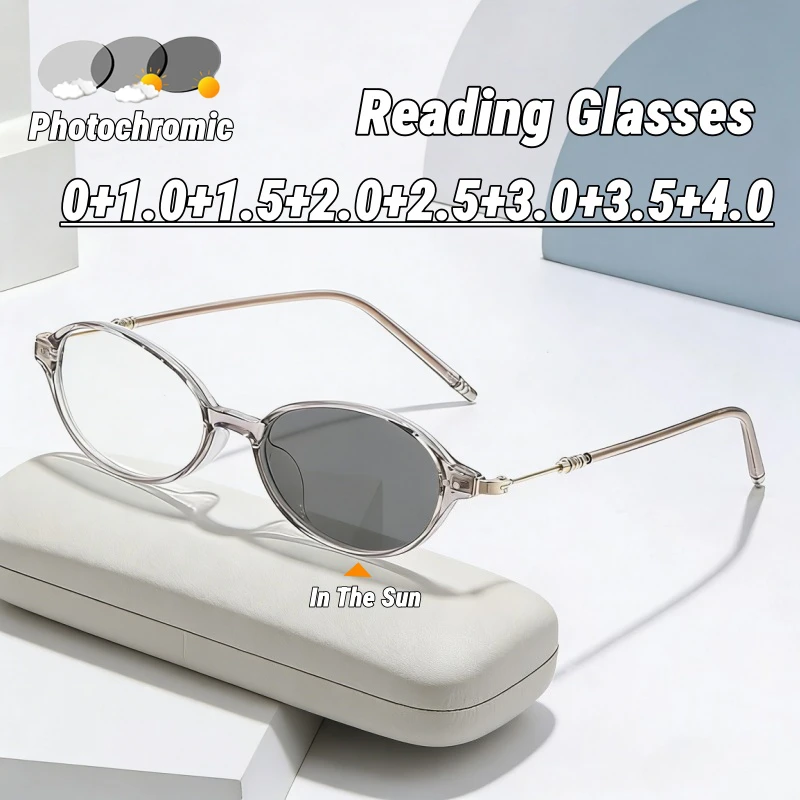 

Stylish Small Oval-Frame Photochromic Presbyopia Glasses Unisex Outdoor UV-Protective Color Changing Lenses Reading Glasses