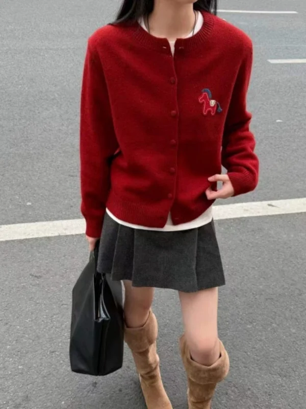 Vermelho ano novo longo sve malha aberta cardigan bordado thiened inverno outerwear feminino preguiçoso high-end sentimento topo