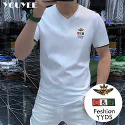 Embroidered Letter V-neck Men's T-shirt 2022 New Ice Silk Cotton Slim Male Wear Versatile Comfortable High-quality Tees Clothes