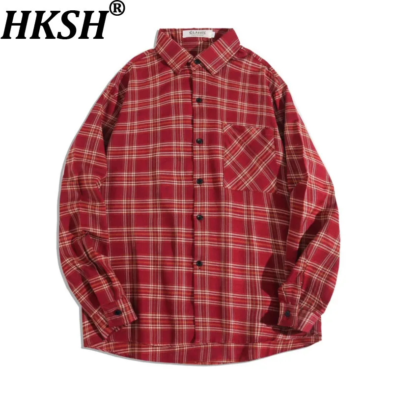 

HKSH Spring Autumn New Women Shirt Plaid Long Sleeves Single Breasted Turn-down Collar Retro Y2K Oversized Couple Blouse HK16978