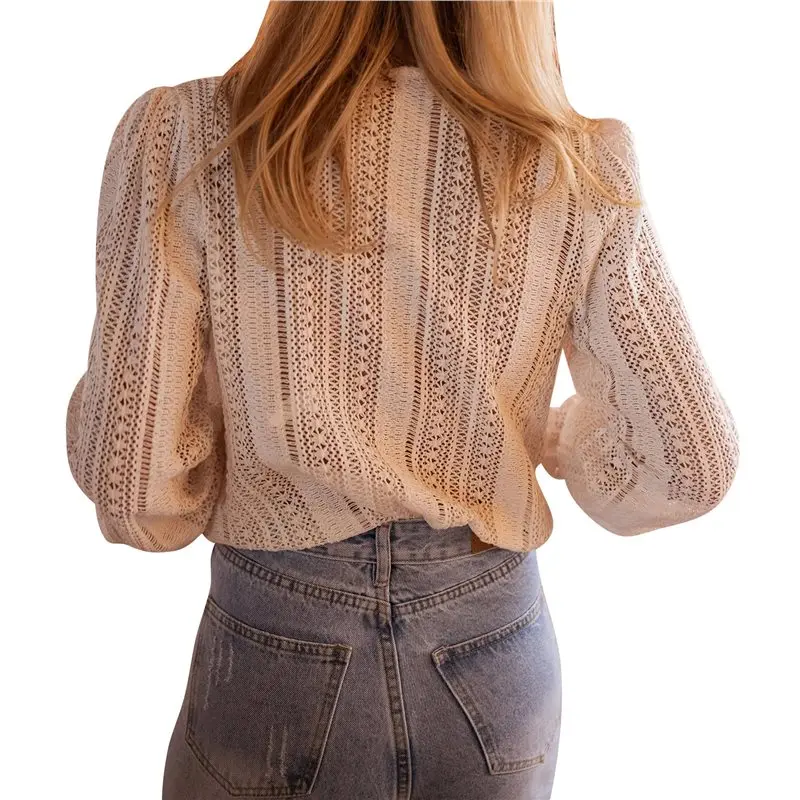 ABRT-Long Sleeve Tops For Women Eyelet Scalloped Lace V Neck Blouse Casual Loose Fashion Shirts Apricot Color L