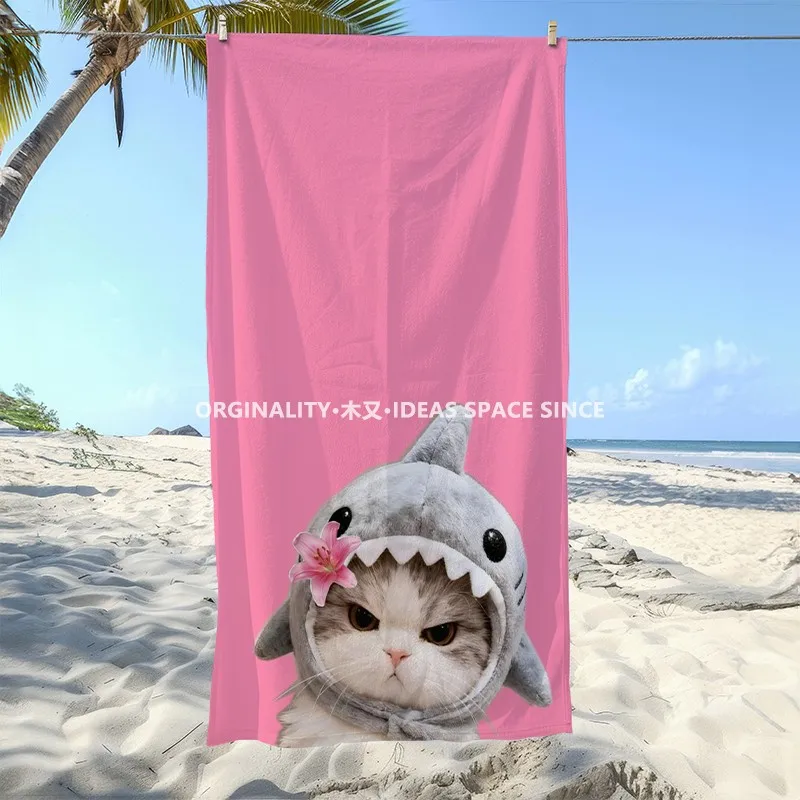 Shark Cat Pink Beach Towel Patterned Sunscreen And Windproof Suitable For Swimming Pool Camping Travel