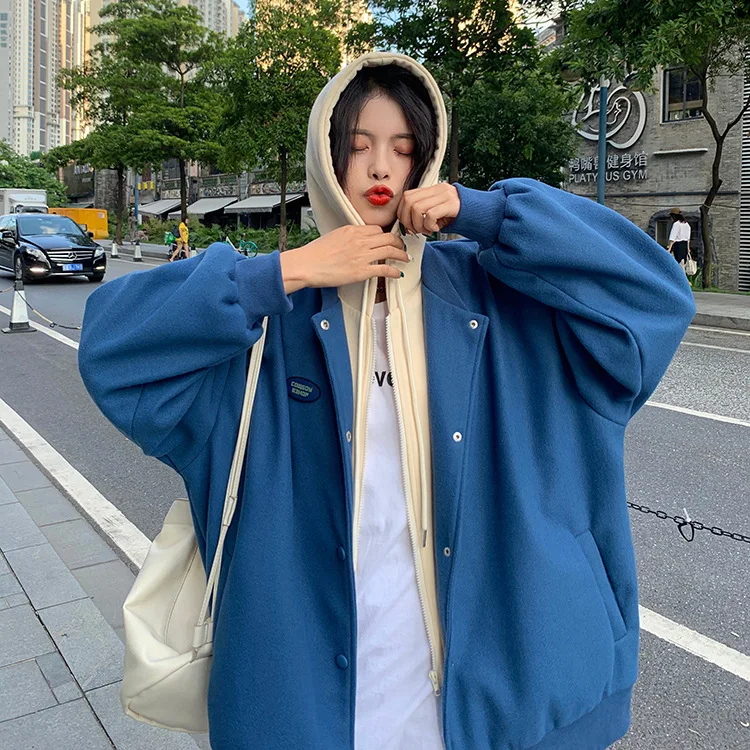 

Women Leisure Loose Fake Two Pieces Simple Design Hooded Cool Baseball Jackets Aesthetic Korean Students Gentle Streetwear Fit