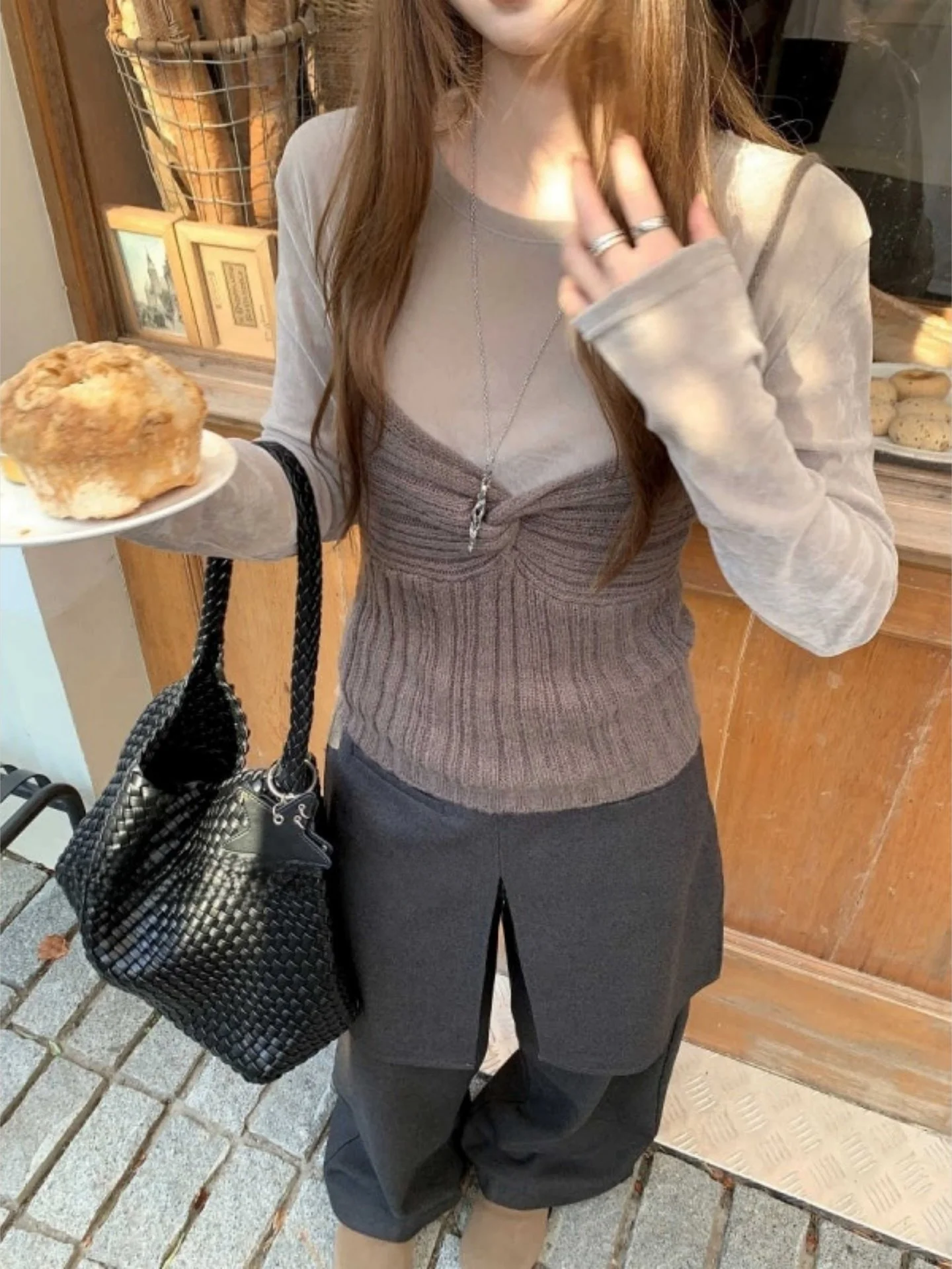 

Soft Slimming Women's Set Casual Sle Long Sve Pure Color Top And Bot Two-Piece Suit High Waist T-irt And Pants