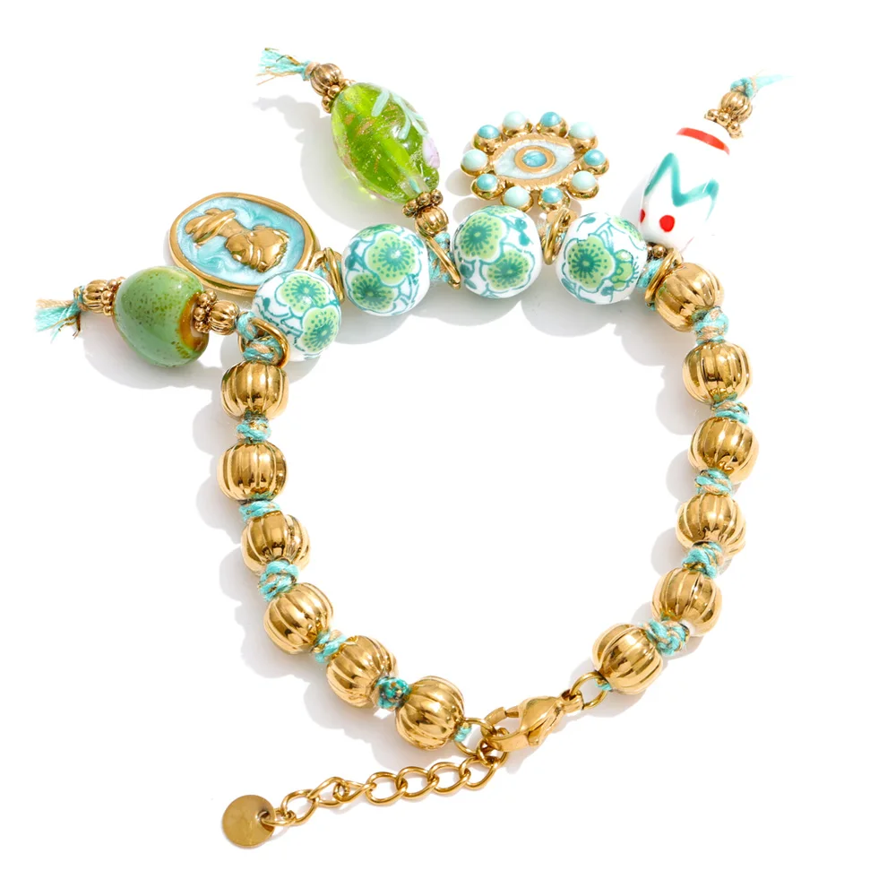 Women's Handmade Beads Chain Ceramic Heart Eye Drop Necklace Bracelet Set