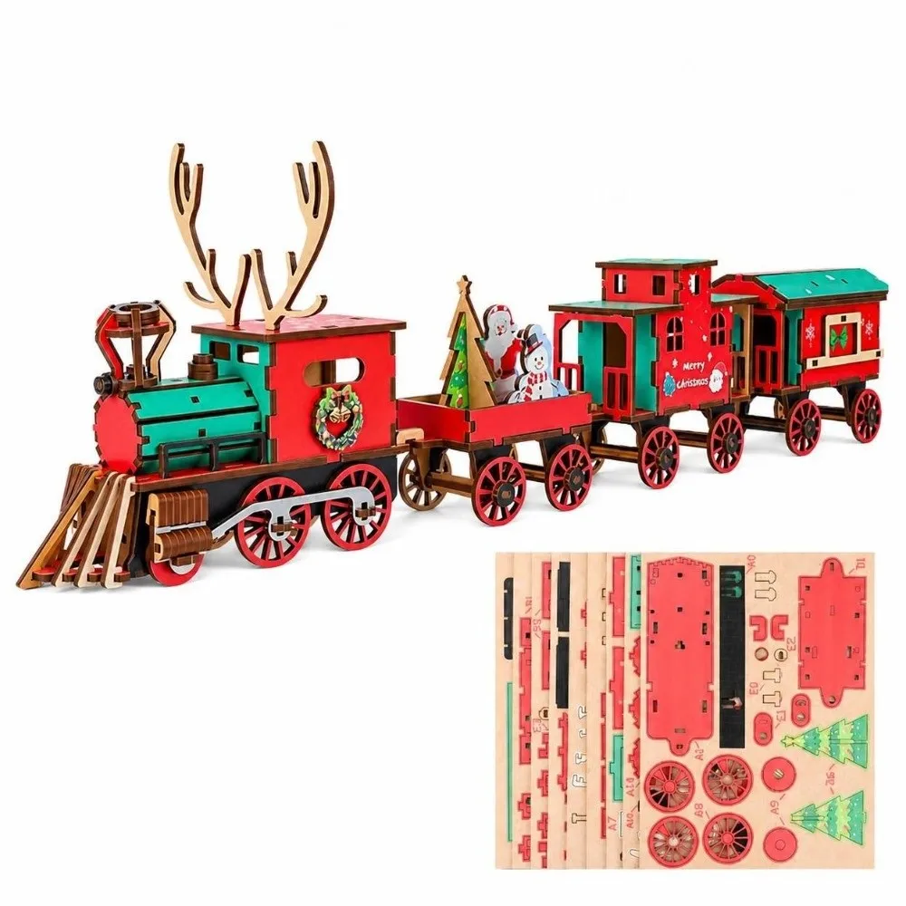 New DIY Christmas Wooden Train Set Slot-Together Structure Colorful Christmas Train Puzzle 3D Train Puzzle Christmas Model Kit