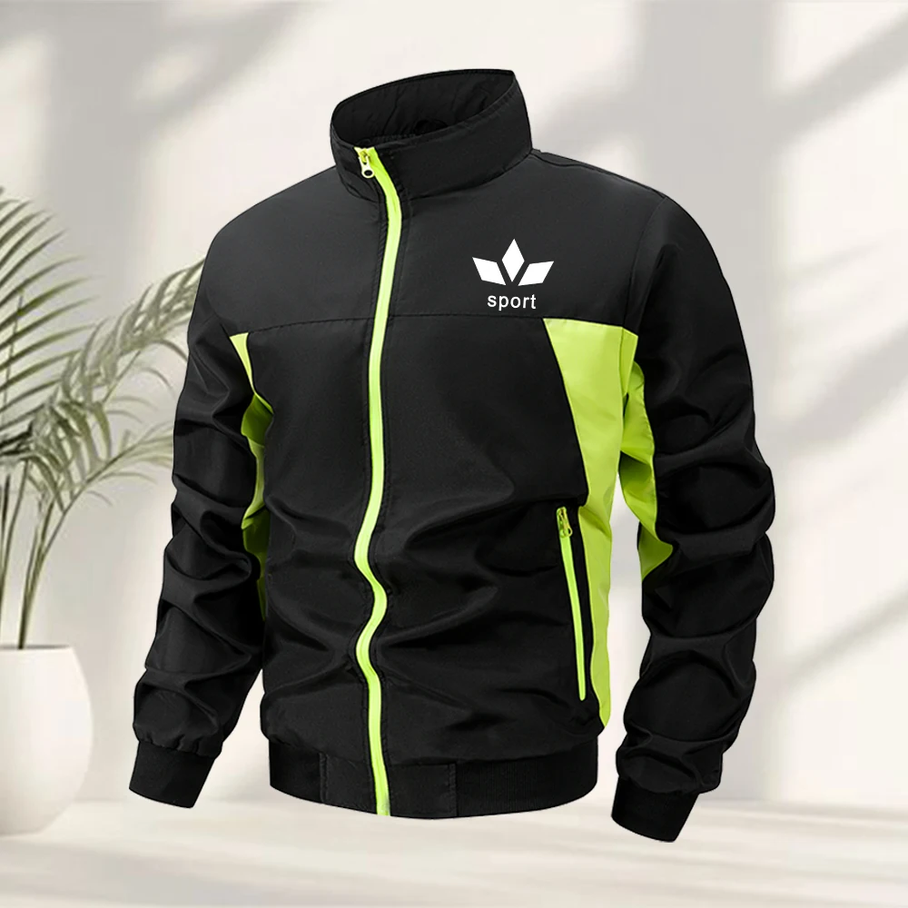 Men's Minimalist Geometric Print Stand Collar Jacket Windproof And Warm Zippered Pocket Jacket Autumn Outdoor Hiking Sportswear