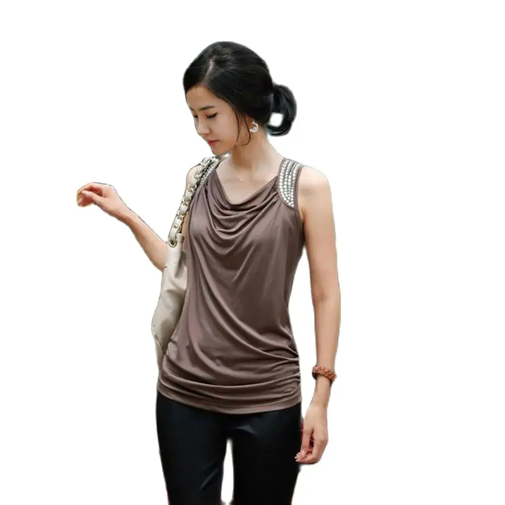 

Milk Silk Sleeveless T-shirt Women's Summer Bottoming Shirt Vest New Fashion Women's Solid Color Rhinestones Slim Pile UpThe Tid