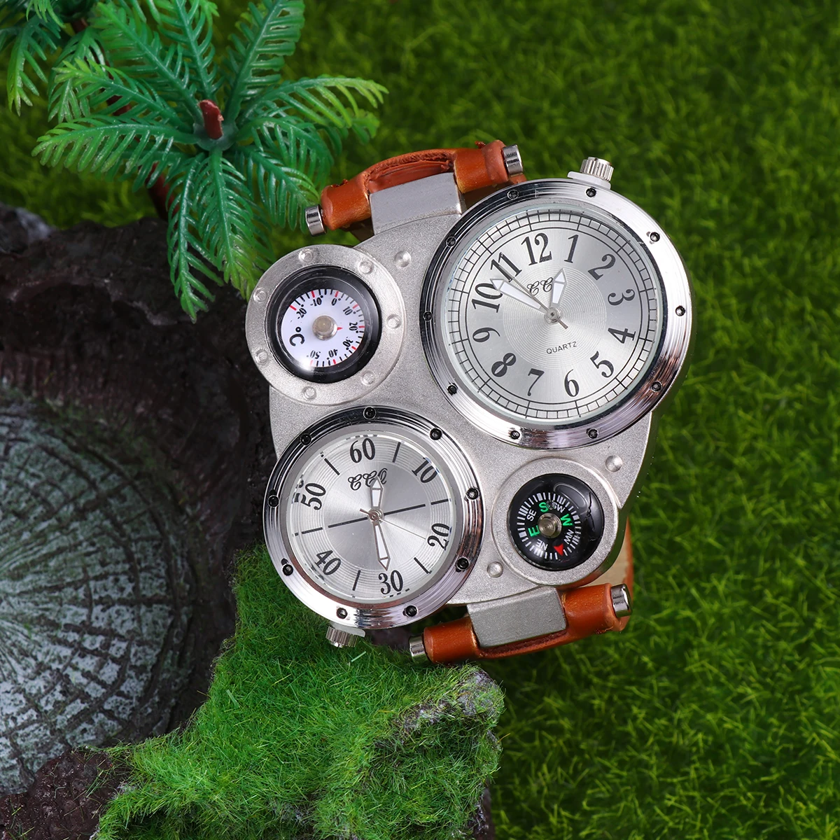 

1pcs Thermometer Compass Quartz Watch For Men Multi Time Display Outdoor Sports Watch Light Coffee Color