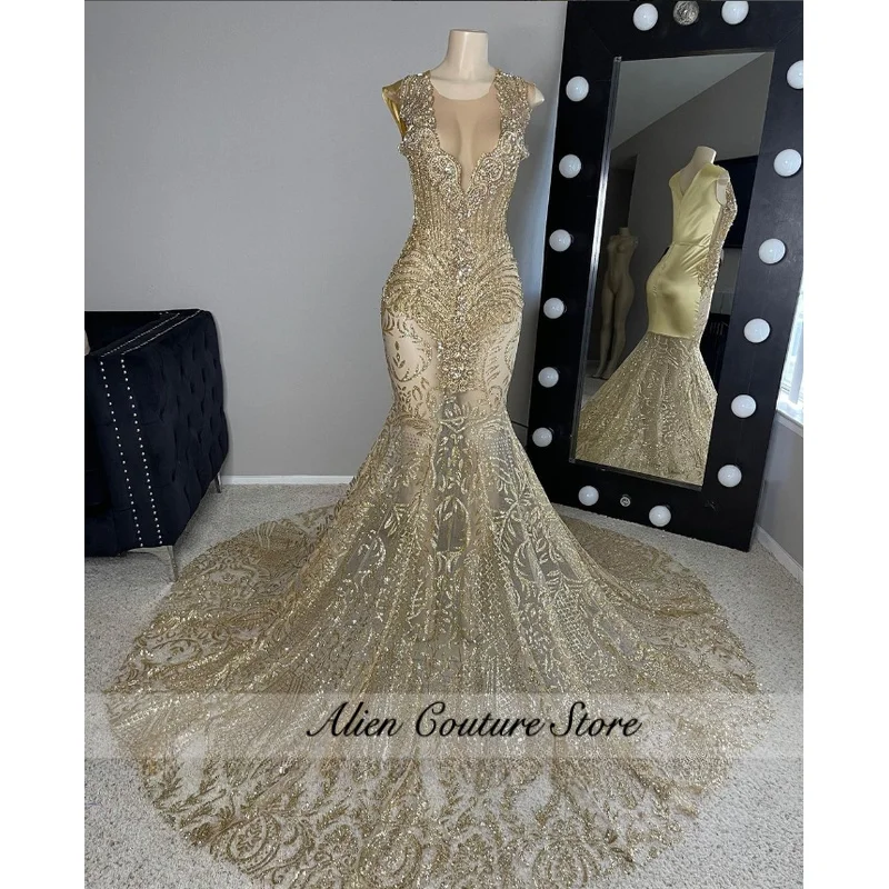 

Luxury Champagne See Through Prom Party Dress For Women Sexy Mesh Diamante Beaded Mermaid Evening Gown Customized Evening Dress
