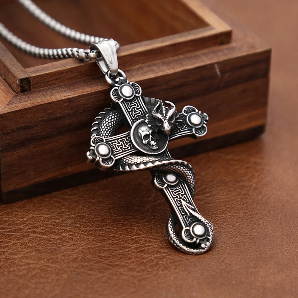 Gothic Vintage Dragon Pendant for Men Boys Punk Stainless Steel Cross Skull Necklace Biker Amulet Fashion Jewelry Gift Wholesale