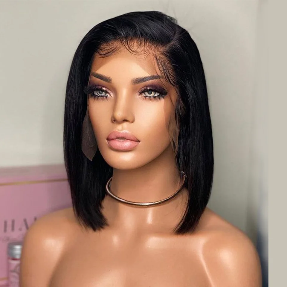 13X4 Short Bob Human Hair Wigs Brazilian Glueless Straight Lace Front Wigs For Women Transparent Lace Pre Plucked Bone Bob Wig