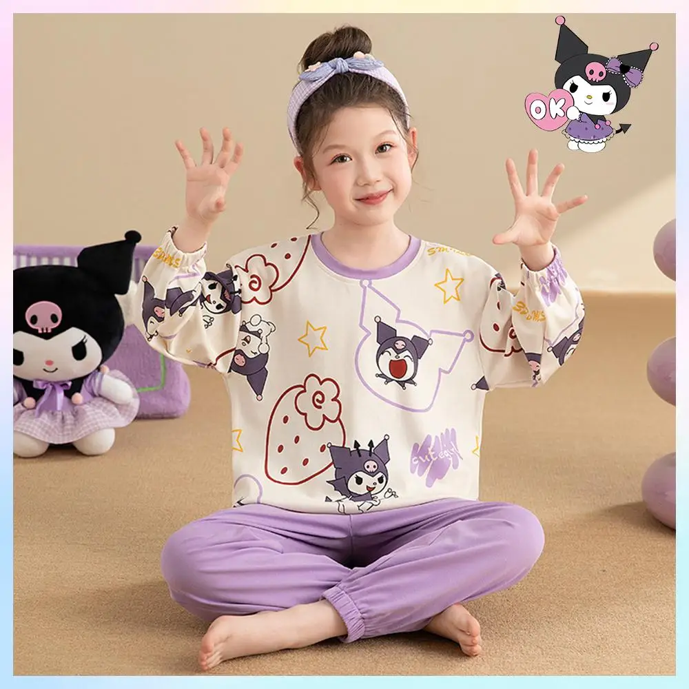 Anime Kids Pajamas Sanrios Melody Kuromi Cinnamoroll Round Neck Long Sleeve Tops Kawaii Spring Cartoon Girls Homewear Sleepwear