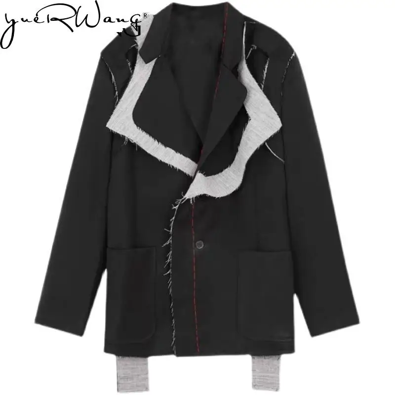 

yuerwang Women Blazer Asymmetrical Patchwork Black Elegant Women's Suits Irregular Color Matching Jacket Female Oversize 2021