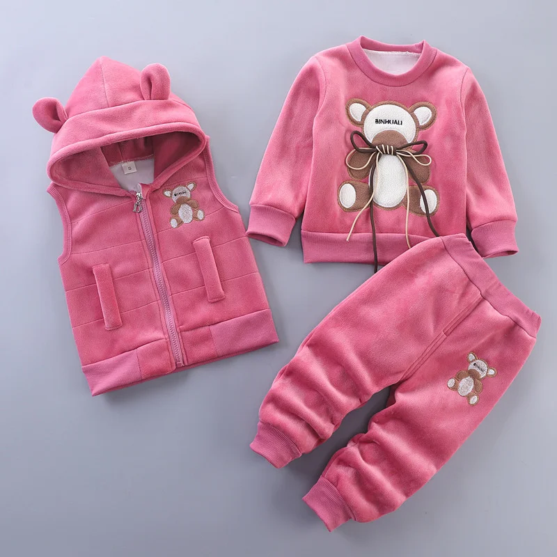 New Winter Baby Fleece Clothing Sets Autumn Boys Girls Cotton Thick Warm Hooded Sweater Cartoon Bear Pants 3Pcs Kids Suit 0-4Y