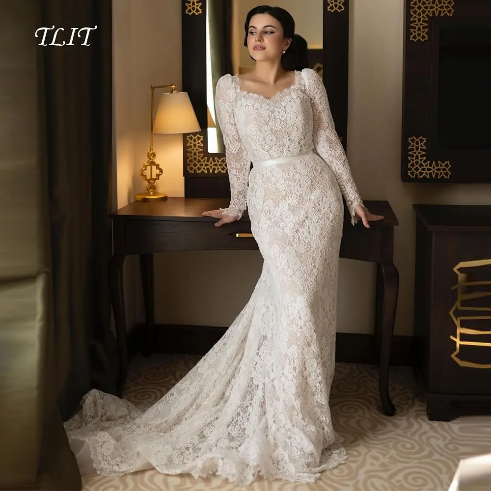 TLIT Modern Marfim Lace A-Line Vestidos de casamento Personalizados Querida فسات jal jazregiões vestidos de noiva de mangas compridas