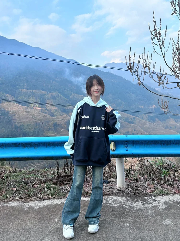 Oversized overirt cor sangue hoodie feminino outono inverno thiened fce casal jaet commute sle longo sve impressão