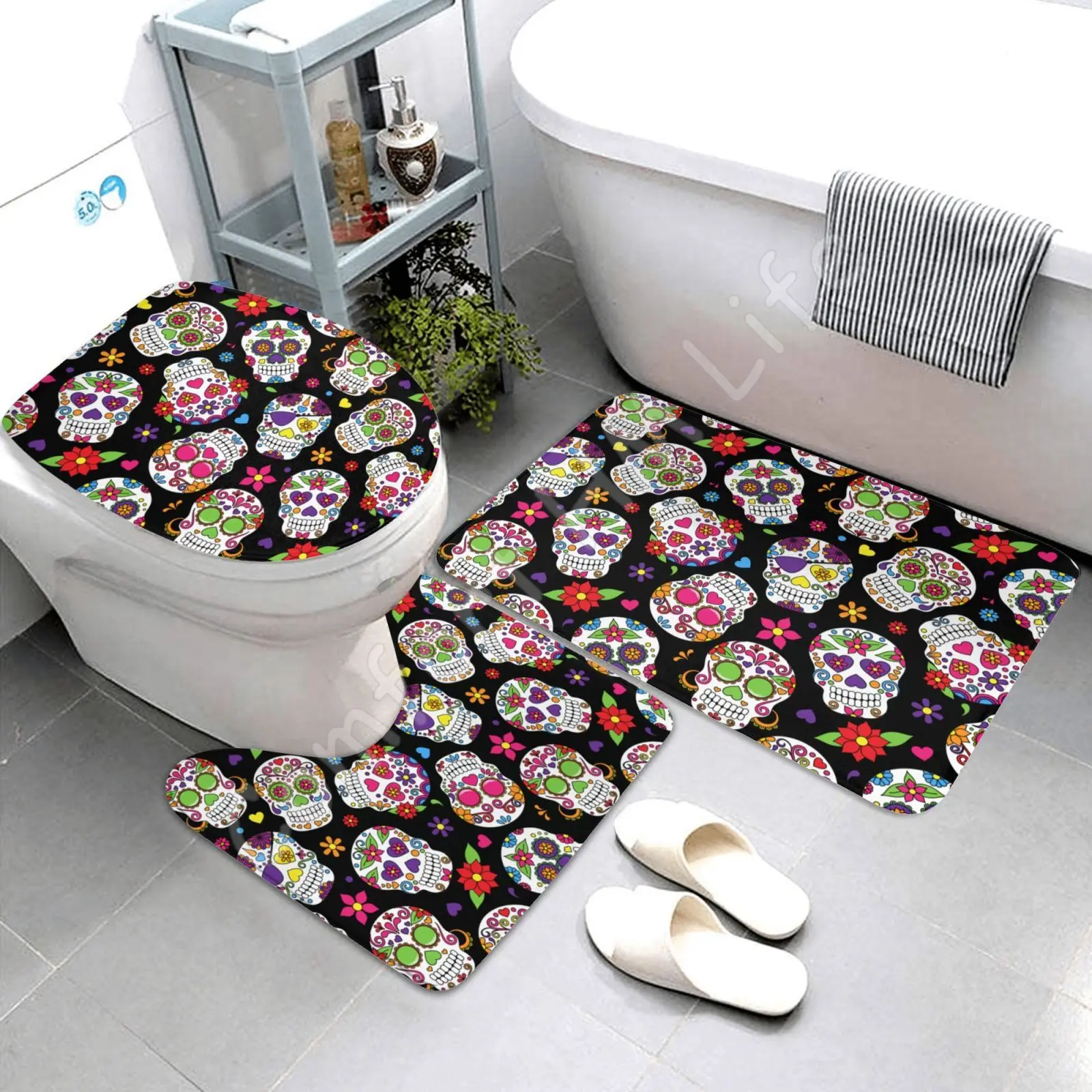 3 Piece Toilet Cover Day Of The Dead Sugar Skull Bathroom Rug Set Contour Lid Cover Non Slip Mat Bath Rugs Toilet Seat