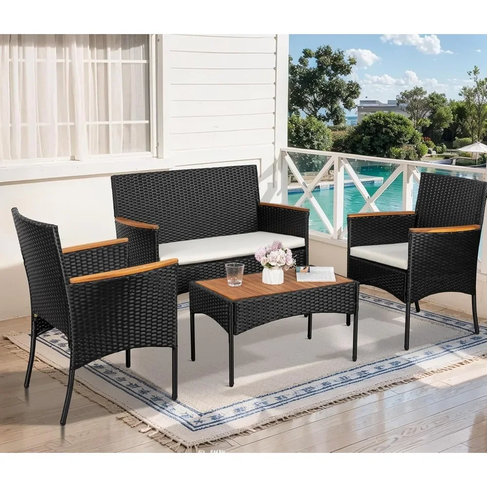 

4 Piece Outdoor Patio Furniture Sets,Small Wicker Patio Conversation Furniture Rattan Chair Set with Tempered Glass Coffee Table