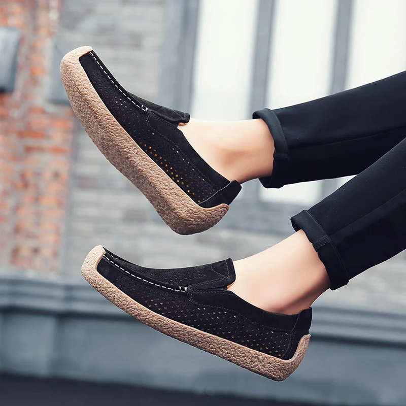 

Уличные дышащие мужские кожаные лоферы ручной работы на плоской подошве, повседневные туфли без шнуровки на плоской подошве для вождения, мужские роскошные удобные лоферы