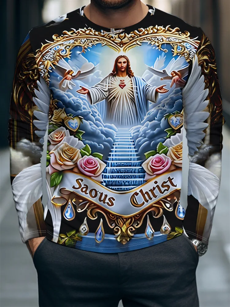 Men's Sacred Heart Jesus Long Sleeve T-Shirt Christian Dove Wings Stairway Heaven Rose Gold Graphic Pullover Tops Gift Faith