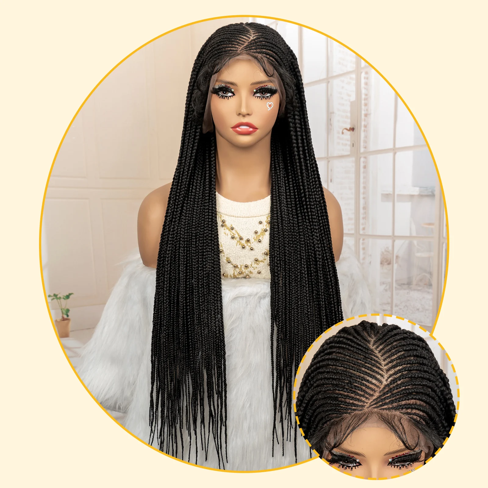 32 Inches African Hair Wigs Synthetic Cornrow Braided Wig 360 Full Lace Square Knotless Box Braiding Wig for Black Women