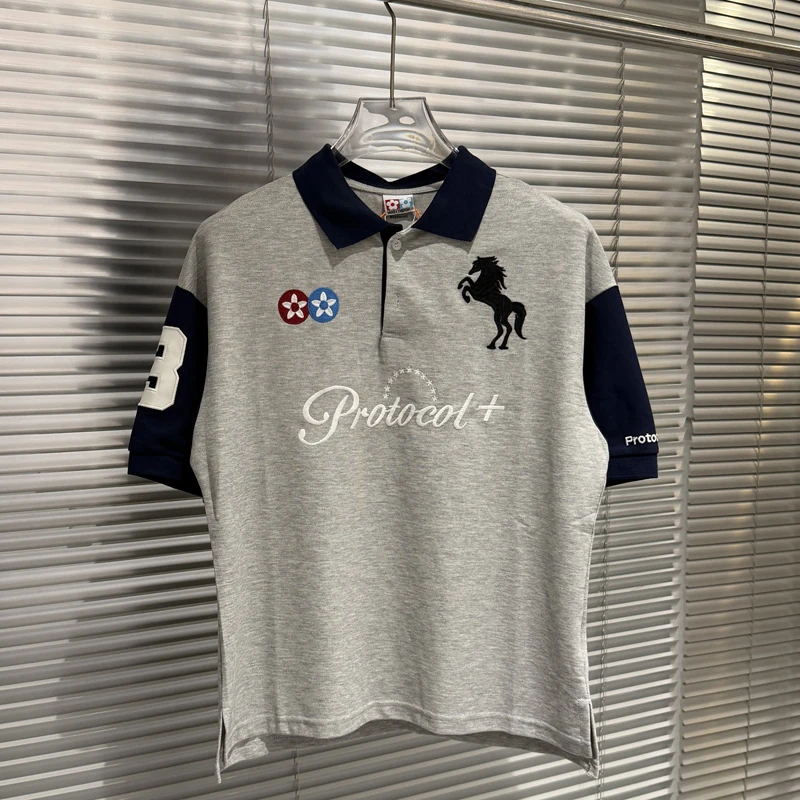 New Retro Contrast Collar Polo Protocol Index T‑Shirt Men Letter Number Embroidery Streetwear Tee Stock