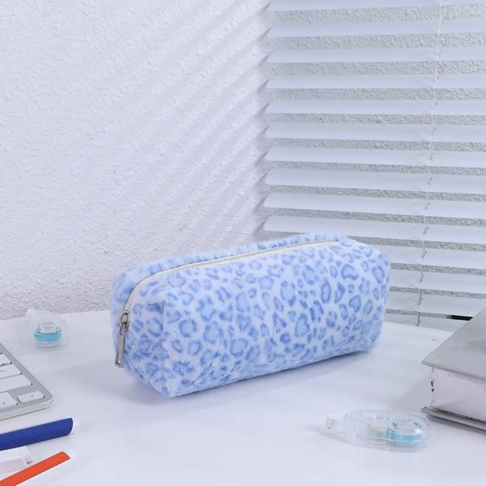 New Plush Pen Bag Leopard Printted Pattern Large Capacity Pencil Case Stationery Storage Bag Student Gift