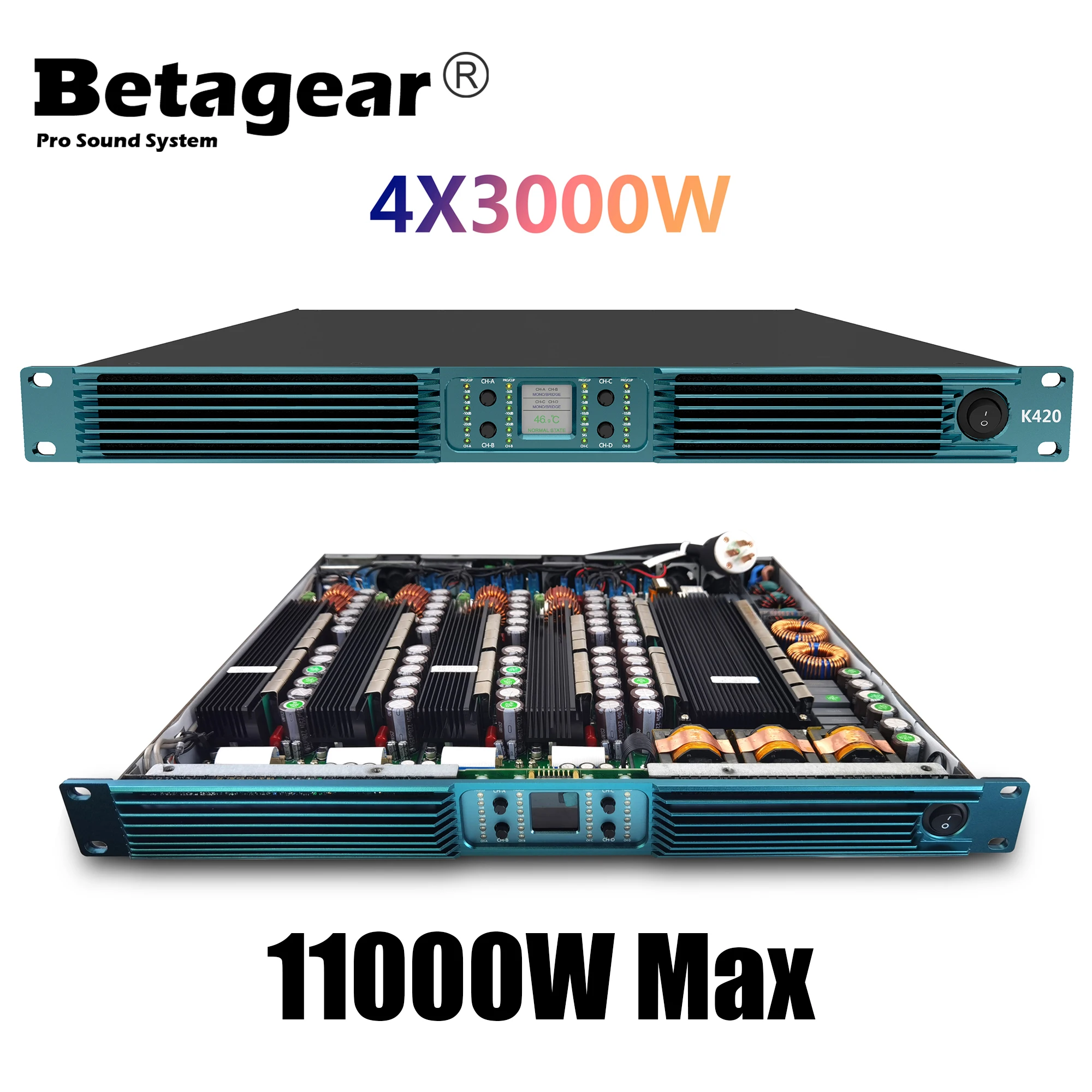 Betagear 4X 3000W Subwoofer Amplifier Aduio Powerful Professional Amps Class D 4-Channel PFC 90V-270V Stable 2Ω 11000W Max