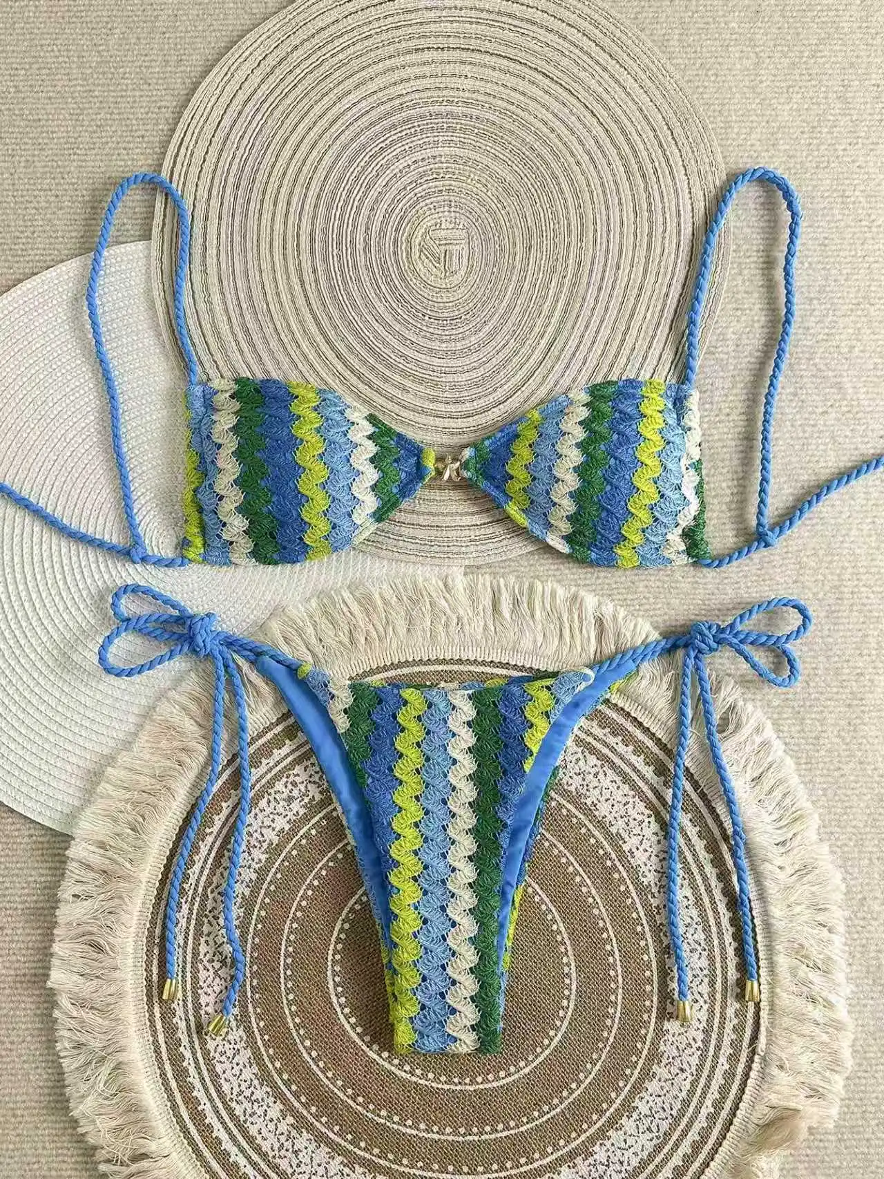 XS - L Mesh Knitted Rope Halter Brazilian Bikini Women Swimwear Female Swimsuit Two-pieces Bikini Set High Cut Bathing Suit Swim