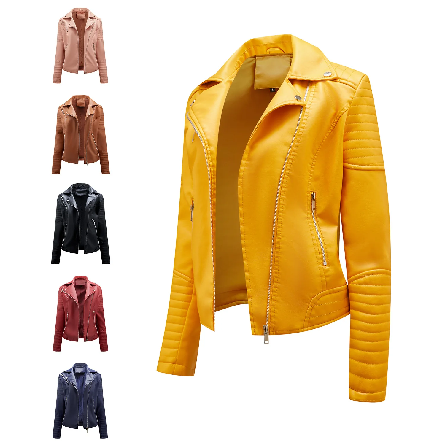 Chaqueta corta de cuero para mujer, ajustada, cuello abatible, traje de motocicleta, chaquetas con cremallera oblicua, ropa de primavera y otoño,
