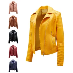 Chaqueta corta de cuero para mujer, ajustada, cuello abatible, traje de motocicleta, chaquetas con cremallera oblicua, ropa de primavera y otoño, 2024