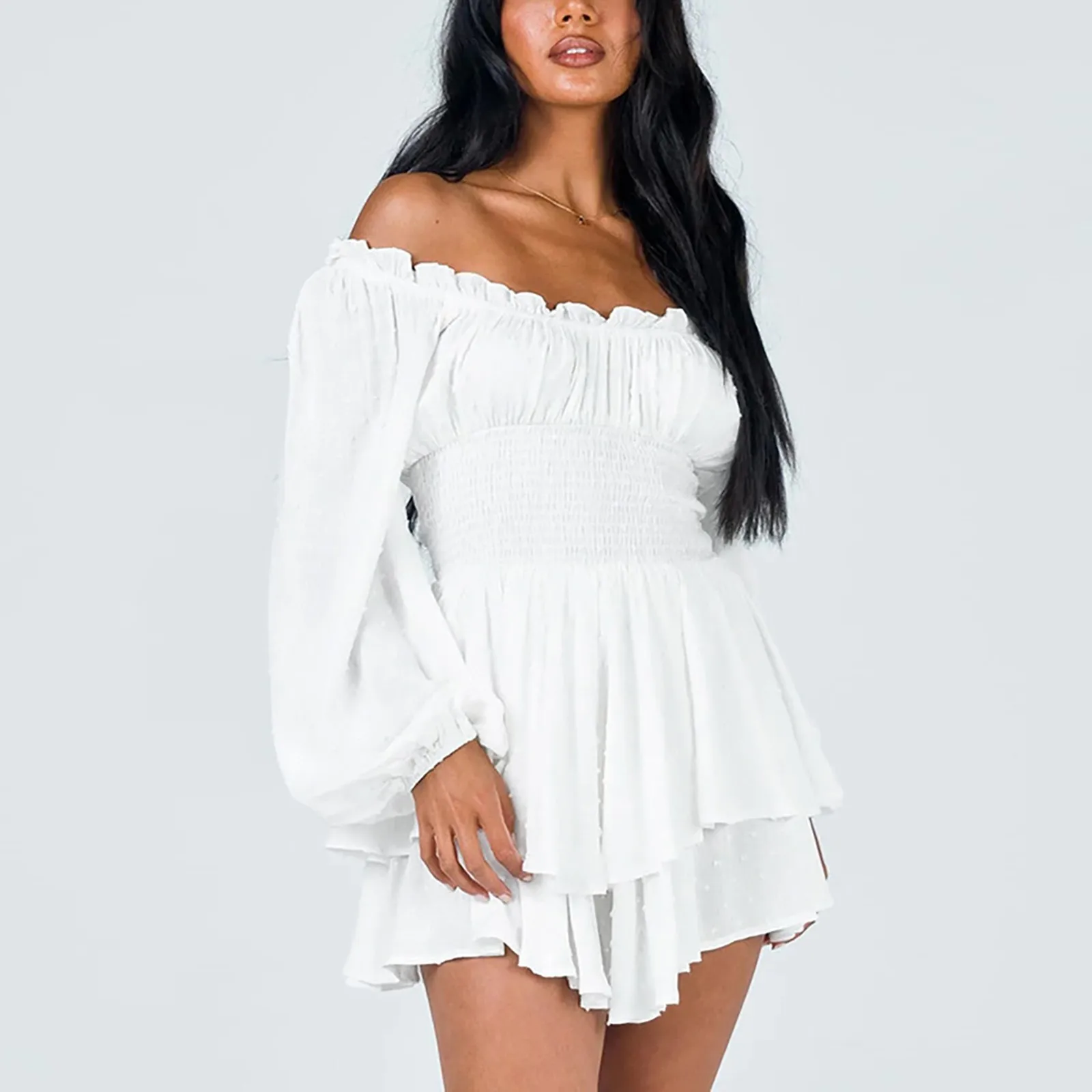 

Short Sleeve Off-Shoulder Summer Playsuit Women Casual Slash Neck Ruffles Shorts Rompers For Party Club Streetwear Outfit 2024