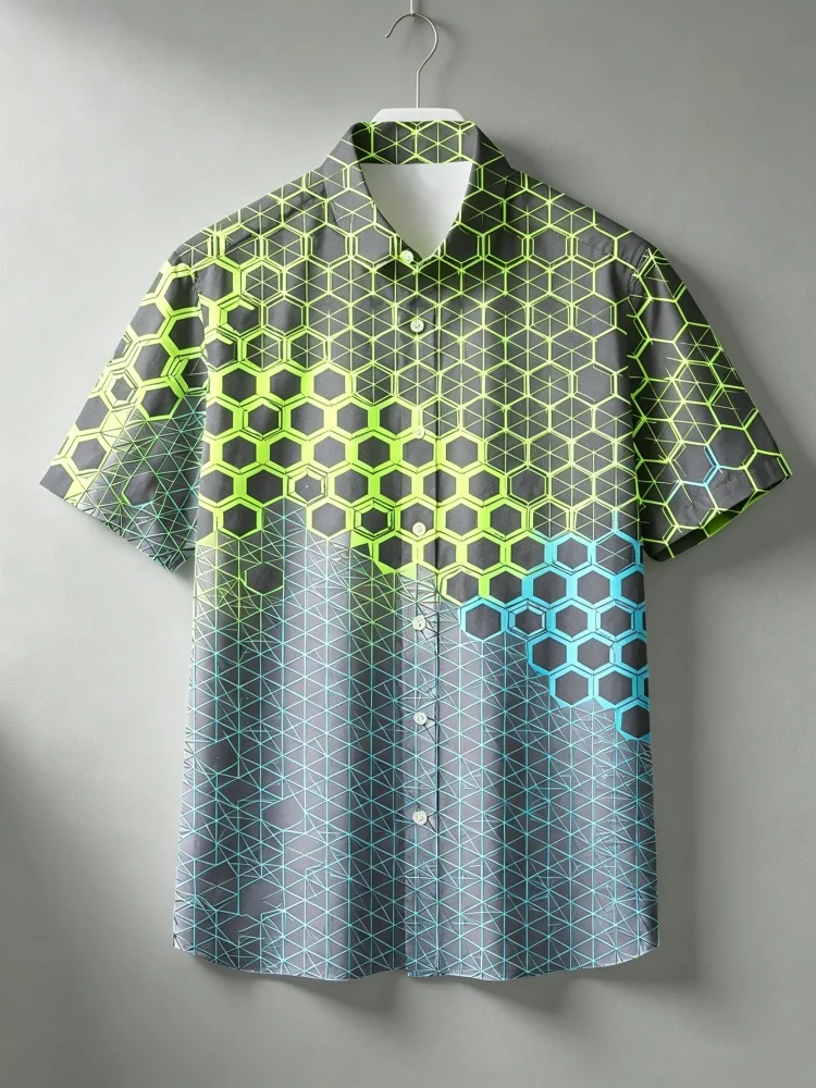 Men's modern style grid polygon pattern short sleeved shirt, trendy commuting loose and breathable single breasted shirt