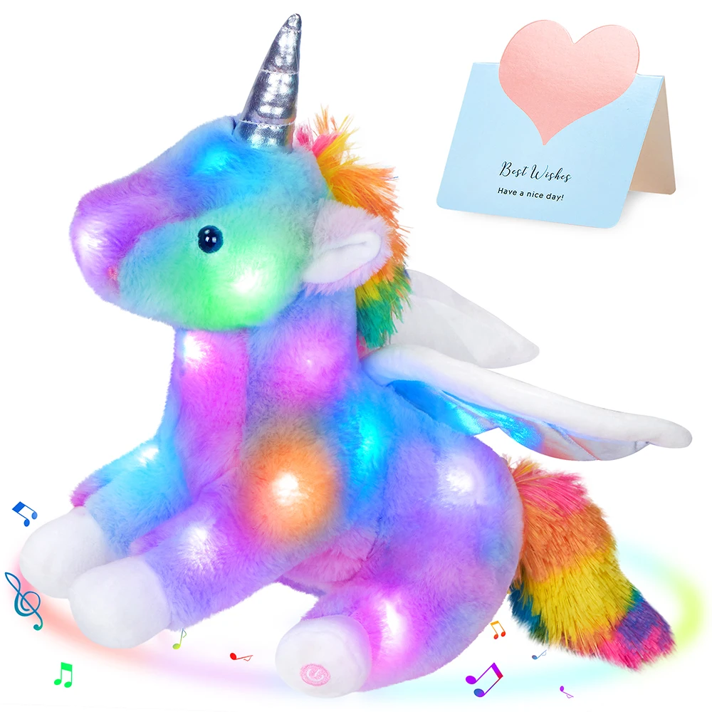 40cm Rainbow Music Unicorn Doll Pillow with LED Glow Stuffed Animal Pegasus Plush Doll Colorful Birthday Gifts for Girls Kids