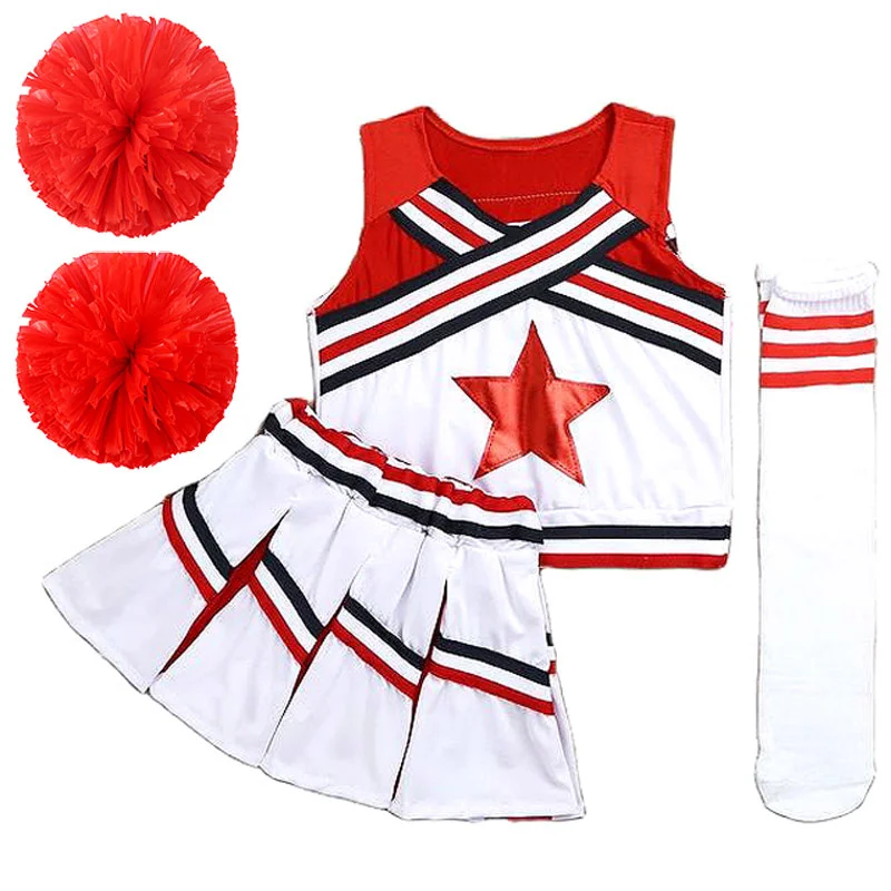 

Pompoms Cheerleading Costume Women Girls Competition Red Cheerleaders School Team Uniform Class Suit For Child Dancing Costumes