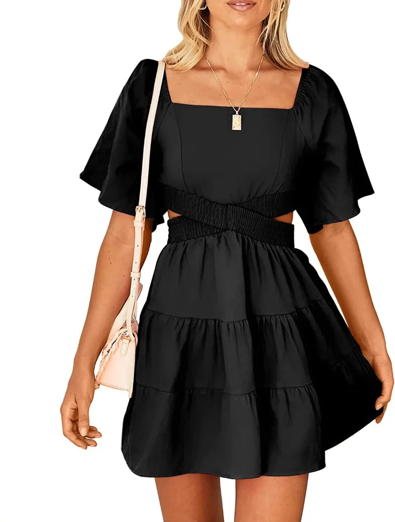 Donna estate ritagliata a vita alta aperta sul retro mezza manica grande Swing Ruffle Hem Smock Dress 2023 Summer Female Street Yellow Dresses