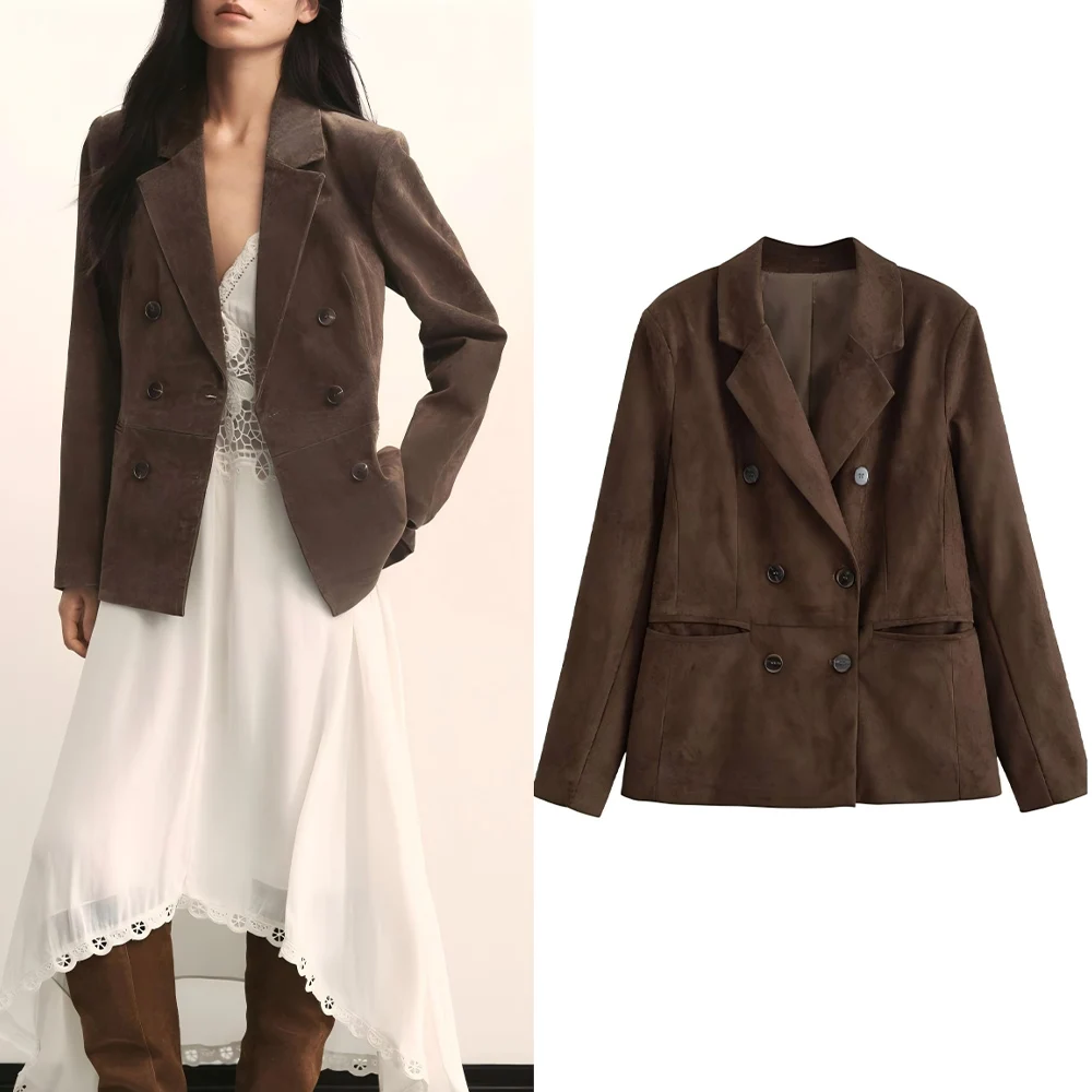 

Women's new fashion pocket decoration casual suede texture double breasted suit jacket retro long sleeved women's Coat chic top
